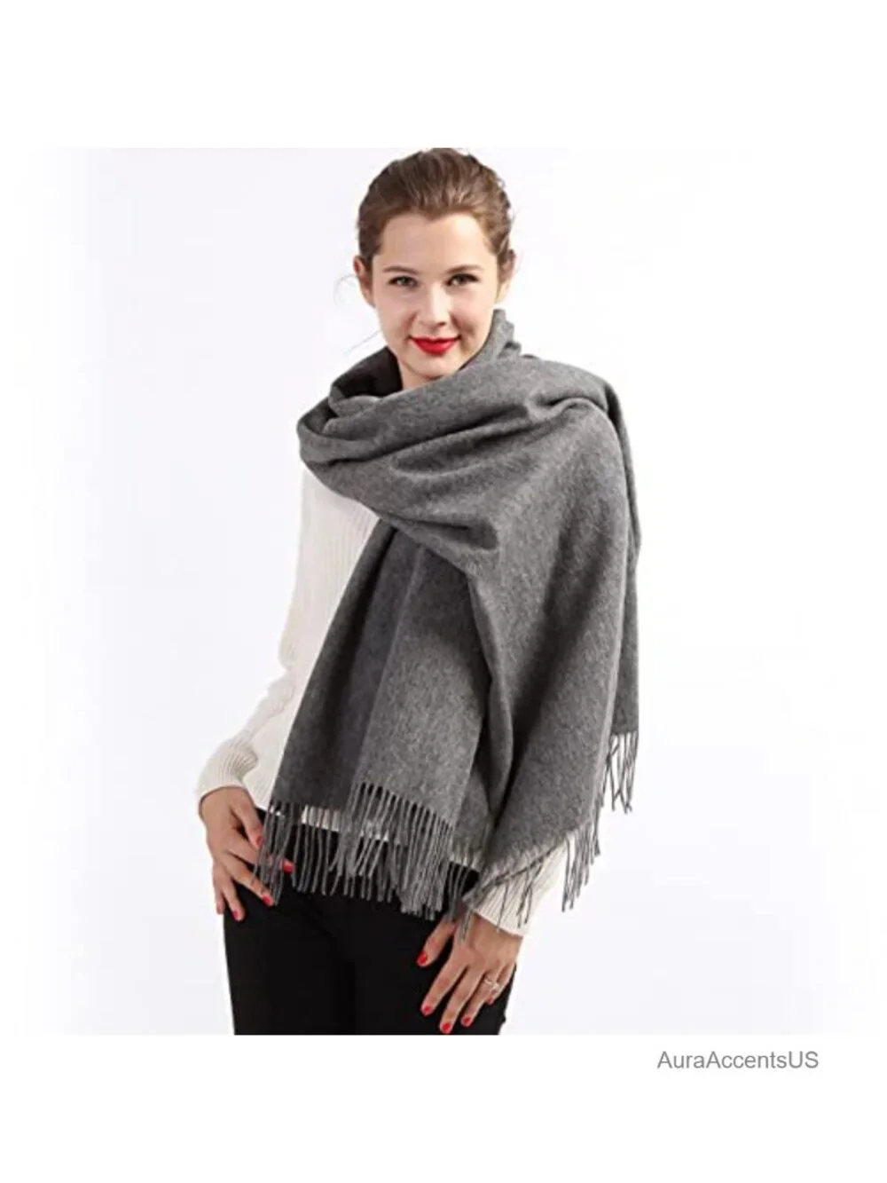100% Pure Cashmere Oversized Winter Wrap Scarf with Fringe